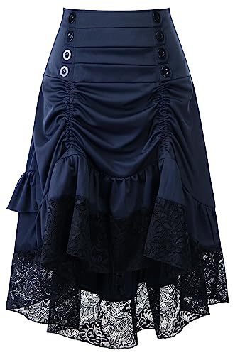 Damen Steampunk Rock High-Low Saum Spitze mit Gürtel Mittelalter Midi Rock High Low Chiffon Rock Punk Kleidung - XXL von FEOYA