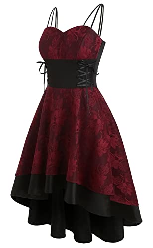 Damen Vintage Steampunk Kleid Spaghetti Strap Bandage Kleider Floral Lace High Low Kleid Lolita Halloween Kostüme, rot (a), X-Groß von FEOYA