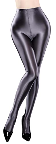 Damen Wetlook Footed Leggings Metallic Tanz Strumpfhose Glänzende Leggings Schimmer Hose Glitzer Strumpfhosen, GRAU, X-Large von FEOYA