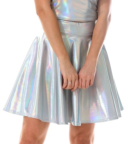 Damen Wetlook Rock Kurze Minirock Shiny Metallic Plisseerock Mini Skater Röcke Tanz Party Club Kostüm Karneval - XL von FEOYA