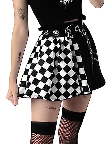 Damen Y2k Minirock A-Linie Hohe Taille Kurzer Plissee Miniröcke Harajuku Goth Punk Kurzer Rock Mini-Kleid Schachbrett Chic Cosplay Halloween Weihnachten von FEOYA