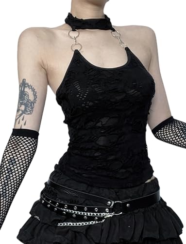 Dark Punk Crop Top mit Ketten Neckholder Punk Solid Backless Sleeveless Gothic Hole Tops Camis Shirt L von FEOYA