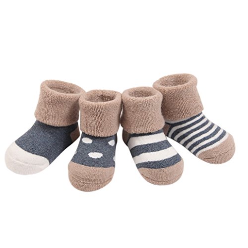 FEOYA- 0-36 Monate Babysocken Dick Warm Babysöckchen Herbst Winter Kindersocken Rutschfest 4 Paar Socken Set mit verschiedenen Mustern - Grau -XS von FEOYA