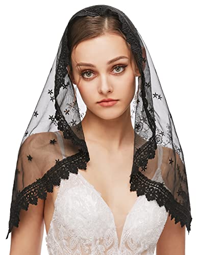 FEOYA 1PC Traditionelle Vintage Mantilla Veil Lateinische Messe Schleier Spanische Kopfbedeckung Gebetsschal Schwarz 2 von FEOYA