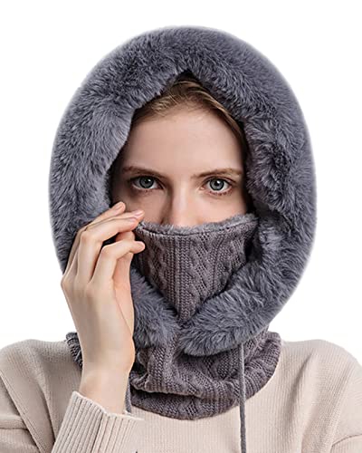 FEOYA 2 in 1 Strickmütze Damen Fleece Kapuze Wintermütze Gesichtsbedeckung Maskenwärmer Dicke Wintermütze Winddichte Hut Kälteschutz Skimütze 22-23 Inch grau FEOYA 2 in 1 Strickmütze Damen Fleece Kapuze Wintermütze Gesichtsbedeckung Maskenwärmer Dicke Wintermütze Winddichte Hut Kälteschutz Skimütze 22-23 Inch grau von FEOYA