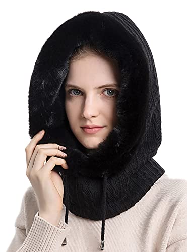 FEOYA 2 in 1 Strickmütze Damen Fleece Kapuze Wintermütze Gesichtsbedeckung Maskenwärmer Dicke Wintermütze Winddichte Hut Kälteschutz Skimütze 22-23 Inch schwarz von FEOYA