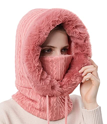 FEOYA 2 in 1 Wintermütze Damen Strickmütze Balaclava Mütze Stricken Winter Warme Fleece Mütze mit Fleecefutter Gestrickte Winddichte Mützen Kapuzen Schal Set Skimütze Frauen Sturmhaube Ski Beanie Rot von FEOYA