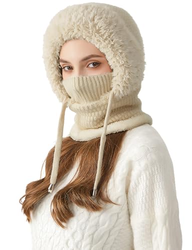 FEOYA 2 in 1 Wintermütze Damen Strickmütze Balaclava Mit Fleecefutter - Gestrickte Winddichte Kapuzen Schal Set Skimütze Frauen Sturmhaube Ski Beanie Beige von FEOYA