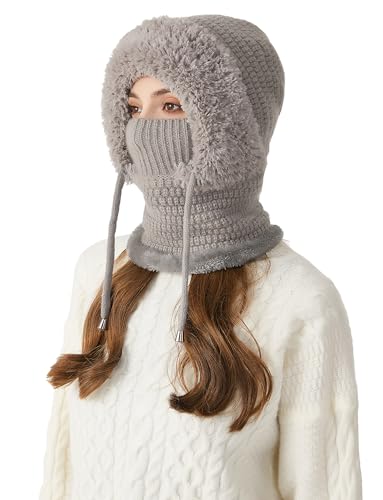 FEOYA 2 in 1 Wintermütze Damen Strickmütze Balaclava Mütze Stricken Winter Warme Fleece Mütze mit Fleecefutter Gestrickte Winddichte Mützen Kapuzen Schal Set Skimütze Frauen Sturmhaube Ski Beanie Grau von FEOYA