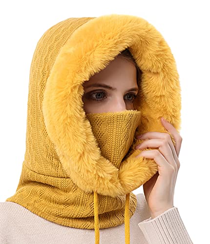 FEOYA 2 in 1 Wintermütze Damen Strickmütze Balaclava Mütze Stricken Winter Warme Fleece Mütze mit Fleecefutter Gestrickte Winddichte Mützen Kapuzen Schal Set Skimütze Frauen Sturmhaube Ski Beanie Gelb von FEOYA