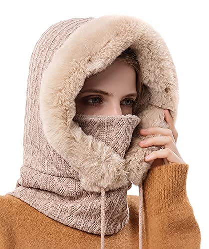 FEOYA 2 in 1 Wintermütze Damen Strickmütze Balaclava Mütze Stricken Winter Warme Fleece Mütze mit Fleecefutter Gestrickte Winddichte Mütze Kapuzen Schal Set Skimütze Frauen Sturmhaube Ski Beanie Beige von FEOYA