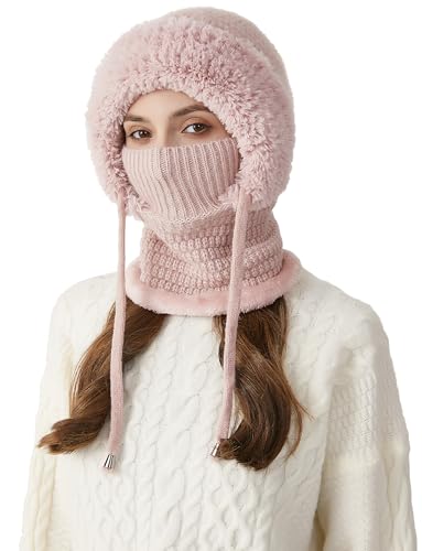 FEOYA 2 in 1 Wintermütze Damen Strickmütze Balaclava Mütze Stricken Winter Warme Fleece Mütze mit Fleecefutter Gestrickte Winddichte Mützen Kapuzen Schal Set Skimütze Frauen Sturmhaube Ski Beanie Rosa FEOYA 2 in 1 Wintermütze Damen Strickmütze Balaclava Mütze Stricken Winter Warme Fleece Mütze mit Fleecefutter Gestrickte Winddichte Mützen Kapuzen Schal Set Skimütze Frauen Sturmhaube Ski Beanie Rosa von FEOYA