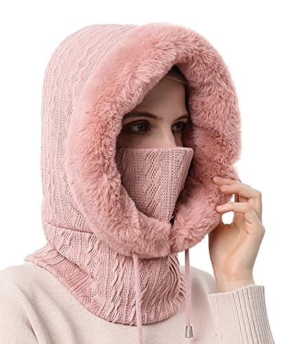 FEOYA 2 in 1 Wintermütze Damen Strickmütze Balaclava Mütze Stricken Winter Warme Fleece Mütze mit Fleecefutter Gestrickte Winddichte Mütze Kapuzen Schal Set Skimütze Frauen Sturmhaube Ski Beanie Rosa von FEOYA