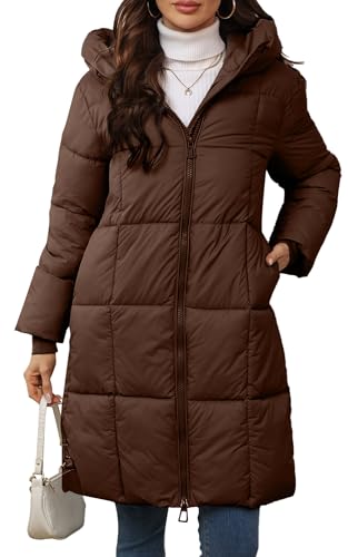 FEOYA 2024 Wintermantel Damen Lang Warm Gefüttert Gesteppt Steppmantel Winter Kapuze Daunenmantel Tag L=EU M von FEOYA
