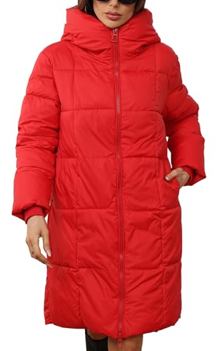 FEOYA 2024 Wintermantel Damen Lang Warm Gefüttert Gesteppt Steppmantel Winter Kapuze Daunenmantel Tag L=EU M von FEOYA