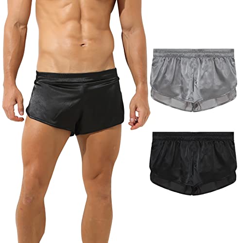 FEOYA 2PC Essential Unterwäsche Boxershorts für Herren mit Mesh-Beutel + Elastischen Trägern Athletic Supporters Sexy Silky Suspensorium High Split Boxershorts Leichte Active Shorts Schwarz + Grau XL von FEOYA