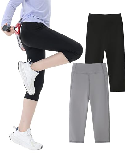 FEOYA 2er-Pack Mädchen 3/4 Capri Stretch Leggings Eng 3/4 Sporthose Komfortabel Capri Hose 130 von FEOYA