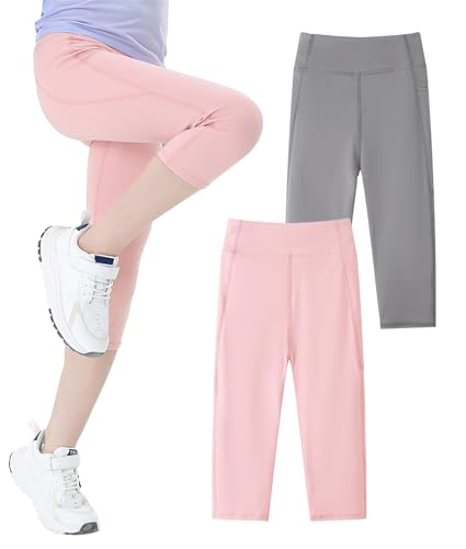 FEOYA 2er-Pack Mädchen Capri Leggings Sommer 3/4 Hose Atmungsaktiv Radlerhose Stretch Tanzhose kuschelig Trainingshose Kurz Laufhose 140 von FEOYA