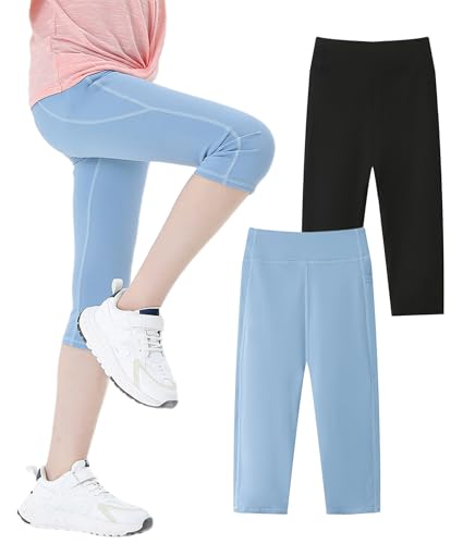 FEOYA 2er-Pack Mädchen Capri Leggings Sommer 3/4 Hose Atmungsaktiv Radlerhose Stretch Tanzhose kuschelig Trainingshose Kurz Laufhose 140 von FEOYA