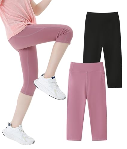FEOYA 2er-Pack Mädchen Capri Leggings Stretch 3/4 Hose Einfarbig Kurz Radlerhose Bequem Laufhose Sommer Caprihose Eng Tanzhose kuschelig Traininghose 120 von FEOYA