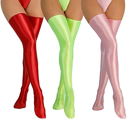 FEOYA 3 Paar Damen Halterlose Strümpfe Metallic Glänzende Kniestrümpfe Overknees Strümpfe Stockings Strümpfe Lang Öl Glänzend von FEOYA