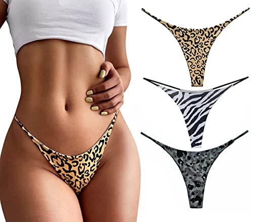 FEOYA 3-Pack Sexy Unterwäsche Strings für Frauen Damen Alltag Strings Slips Unterwäsche Baumwolle Bequeme Low Rise G-String Strings Knickers Tangas Multipack Zebra+Gelb Leopard +Grau Leopard M von FEOYA
