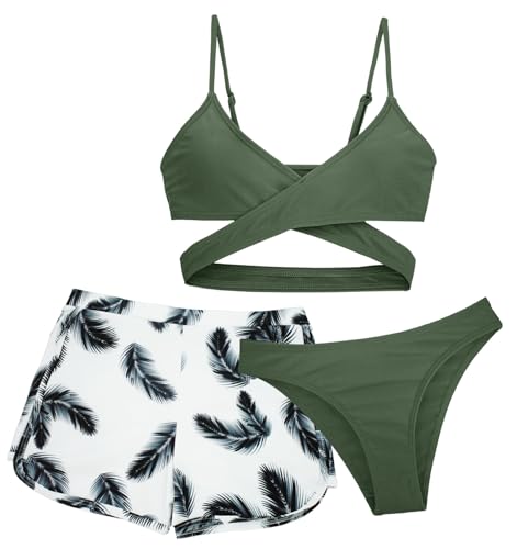 FEOYA 3 Stück Mädchen Bikini Sets Kinder Badeanzug Dreiteilig Mädchen Bademode Bedruckt Hawaii Kinder Mädchen Bademode Sport Bekleidung Sommer Bikini Grün 1 12-13 Jahre von FEOYA