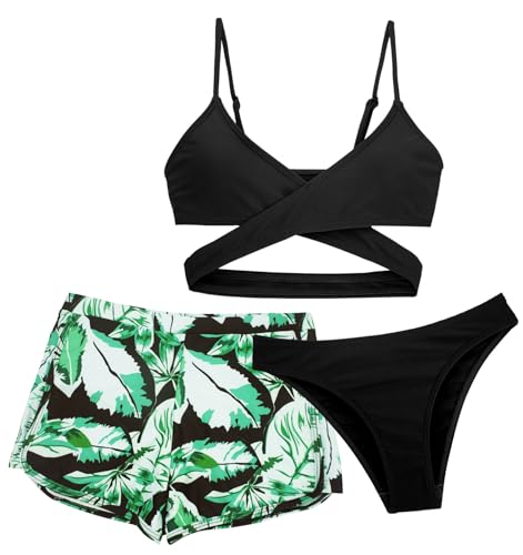 FEOYA 3 Stück Mädchen Bikini Sets Kinder Badeanzug Dreiteilig Mädchen Bademode Bedruckt Hawaii Kinder Mädchen Bademode Sport Bekleidung Sommer Bikini Grün 2 8-9 Jahre von FEOYA