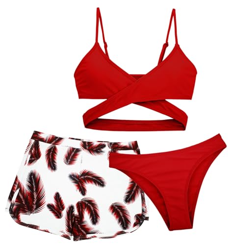 FEOYA 3 Stück Mädchen Bikini Sets Kinder Badeanzug Dreiteilig Mädchen Bademode Bedruckt Hawaii Kinder Mädchen Bademode Sport Bekleidung Sommer Bikini Rot 14 Jahre von FEOYA