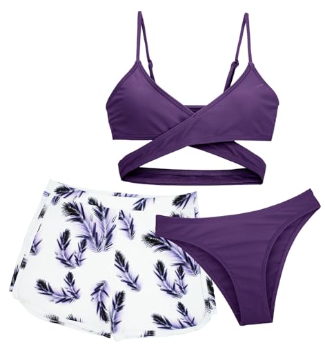 FEOYA 3 Stück Mädchen Bikini Sets Kinder Badeanzug Dreiteilig Mädchen Bademode Bedruckt Hawaii Kinder Mädchen Bademode Sport Bekleidung Sommer Bikini Violett 10-11 Jahre von FEOYA