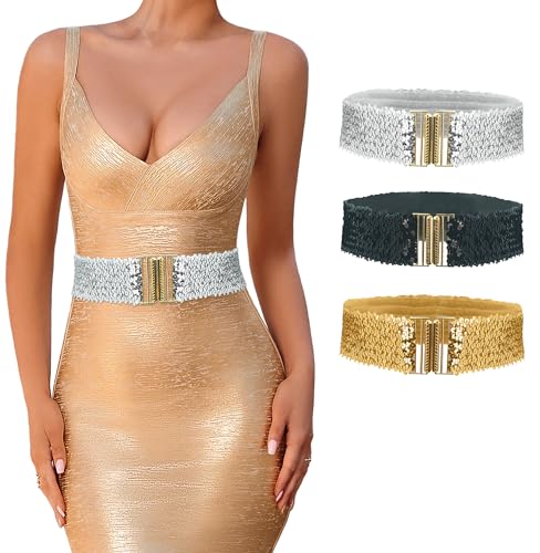 FEOYA 3 Stück Pailletten Gürtel für Damen Mädchen Vintage Glitzer Breite Taille Elastische Cinch Gürtel für 70er 80er Kostüm Party Silber, Schwarz, Gold von FEOYA