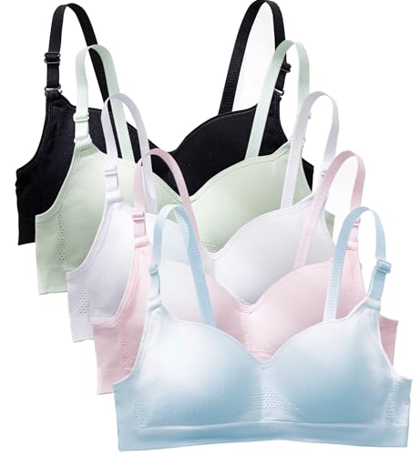 FEOYA 5er-Pack Mädchen Sport BHS aus Baumwolle mit Verstellbarem Schultergurt Teenager Mädchen BH Baumwolle Bralette ohne Bügel Basic Unterwäsche Mädchen Bustier Weiß+Schwarz+Grün+Rosa+Hellblau 80B von FEOYA