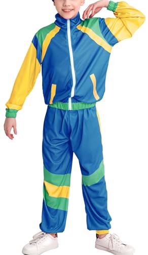 FEOYA 80er 90er Trainingsanzug für Kinder Jungen Mädchen Shell Anzug Hip Hop Dancewear Kinder Retro Trainingsanzug Windbreaker Sets Stilvolle Unisex Kinder ColorBlock Kleidung Set Blau 5-6 Jahre von FEOYA