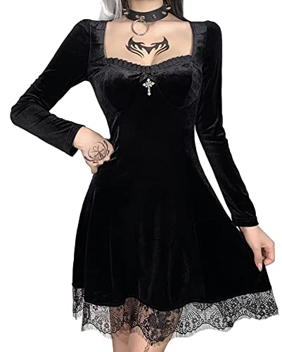 FEOYA Abendkleid Cosplay Partykleid Schwarzes Gothic Kleid Cocktailkleid Damen Lace S von FEOYA