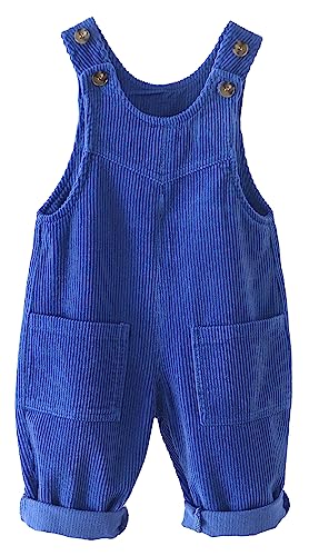 FEOYA Baby Cord Latzhose Gerippter Samt Kleinkind Bodysuit Unisex Arbeitshose Hosenträger Taschen Overall Hosen Jungen Mädchen Knöpfe Outfit Neugeborenen Latzhose für Frühling Herbst Blau 120 von FEOYA