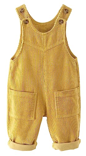 FEOYA Baby Cord Latzhose Gerippter Samt Kleinkind Bodysuit Unisex Arbeitshose Hosenträger Taschen Overall Hosen Jungen Mädchen Knöpfe Outfit Neugeborenen Latzhose für Frühling Herbst Gelb 80 von FEOYA