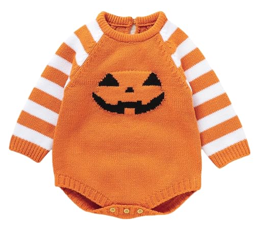 FEOYA Baby Jungen Mädchen Overalls Kürbis Halloween Jumpsuit Langärmelig Strampler mit Knöpfen Neugeborene Süßes Pumpkin Bodysuit Knitted Sweater Winter Herbst Sweatshirt für 3-6 Monate von FEOYA
