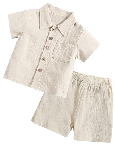 FEOYA Baby Jungen Sommer 2-Teiler Set Kleinkind Shirt Shorts Babykleidung Zweiteiliges Set Baumwolle Leinen Neugeborene Set Kinder Outfit Casual Anzug Beige 100 von FEOYA