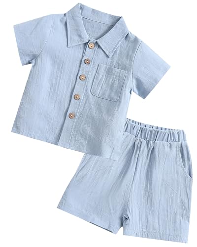 FEOYA Baby Jungen Sommer 2-Teiler Set Kleinkind Shirt Shorts Babykleidung Zweiteiliges Set Baumwolle Leinen Neugeborene Set Kinder Outfit Casual Anzug Blau 1 100 von FEOYA