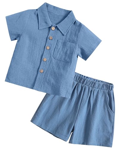 FEOYA Baby Jungen Sommer 2-Teiler Set Kleinkind Shirt Shorts Babykleidung Zweiteiliges Set Baumwolle Leinen Neugeborene Set Kinder Outfit Casual Anzug Blau 2 120 von FEOYA
