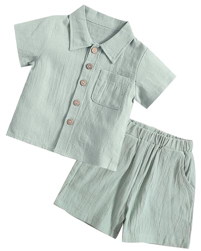 FEOYA Baby Jungen Sommer 2-Teiler Set Kleinkind Shirt Shorts Babykleidung Zweiteiliges Set Baumwolle Leinen Neugeborene Set Kinder Outfit Casual Anzug Grün 3 80 von FEOYA