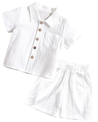 FEOYA Baby Jungen Sommer 2-Teiler Set Kleinkind Shirt Shorts Babykleidung Zweiteiliges Set Baumwolle Leinen Neugeborene Set Kinder Outfit Casual Anzug Weiß 90 von FEOYA