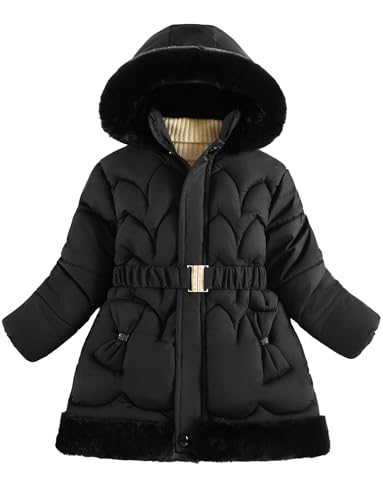 FEOYA Baby Mantel Winter Teddy Mädchen Wintermantel Puffer Gefüttert Kinder Daunenjacke Mit Kellkapuze Outdoor Teenager Winterjacke Fleece Schnee Jacke Warme Wasserdicht Dicke Lang Schwarz 7 8 Jahre von FEOYA