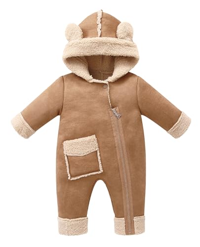 FEOYA Baby Strampler Winter Niedliche Mädchen Kleidung Fleece Warme Jungen Schneeanzug Langarm Lässig Kinder Jumpsuit Herbst Mode Neugeborenen Wintermantel Mit Kapuze Dicke Kaki 0 6 Monate von FEOYA