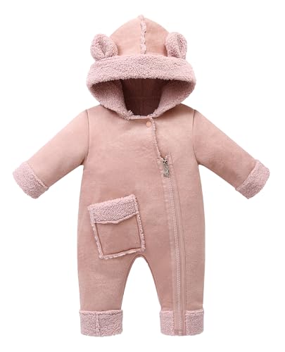 FEOYA Baby Strampler Winter Plüsch Mädchen Kleidung Fleece Gefüttert Jungen Schneeanzug Langarm Niedliche Kinder Jumpsuit Herbst Warme Neugeborenen Wintermantel Mit Kapuze Lässig Rosa 6 9 Monate von FEOYA