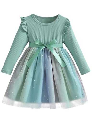 FEOYA Baby Tüllrock Festlich Geburtstag Teenager Taufkleid Prinzessin Pailletten Mädchen Kleid Einschulung Balette Kinder Abendkleid Hochzeit Buntes Kostüm Langarm Feen Tüll Herbst Grün 4 5 Jahre von FEOYA