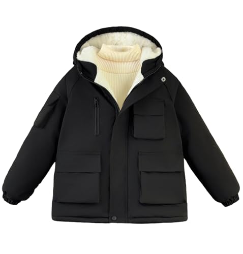 FEOYA Baby Übergangsjacke Winter Gefütterte Jungen Wintermantel Warme Mode Kinder Daunenjacke Mit Kapuze Cargo Teenager Winterjacke Wasserdicht Schnee Jacke Leichte Ski Short Parka Schwarz 8 9 Jahre von FEOYA