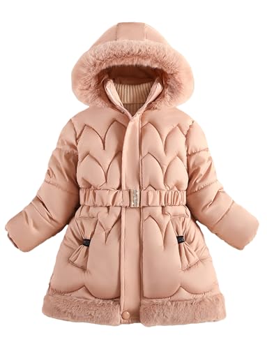 FEOYA Baby Winterjacke Winter Outdoor Mädchen Jacke Puffer Schnee Kinder Mantel Mit Kellkapuze Wasserdicht Teenager Wintermantel Fleece Lang Daunenjacke Warme Teddy Dicke Gefüttert Rosa 7 8 Jahre von FEOYA