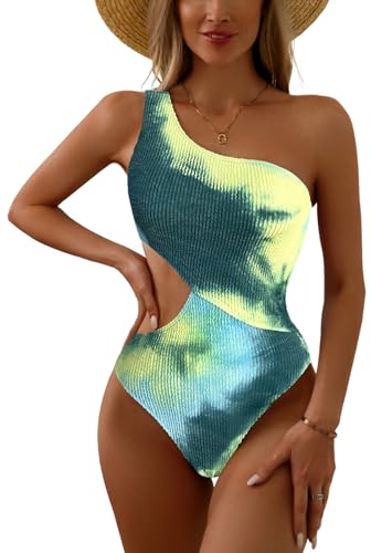FEOYA Badeanzug Damen Cut-Out Bauchweg Push up Bauchkontrolle Bademode Cut Out One Shoulder Monokini M von FEOYA
