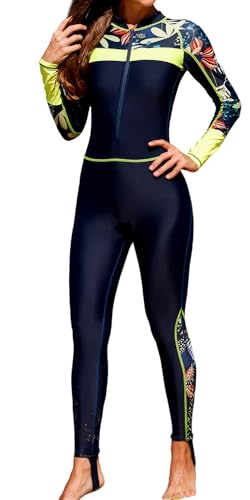 FEOYA Badeanzug Damen Lang Einteiler Bademode Langarm Reißverschluss Schwimmanzug Surfanzug in voller Länge mit Sonnenschutz B-Yellow-2 M von FEOYA